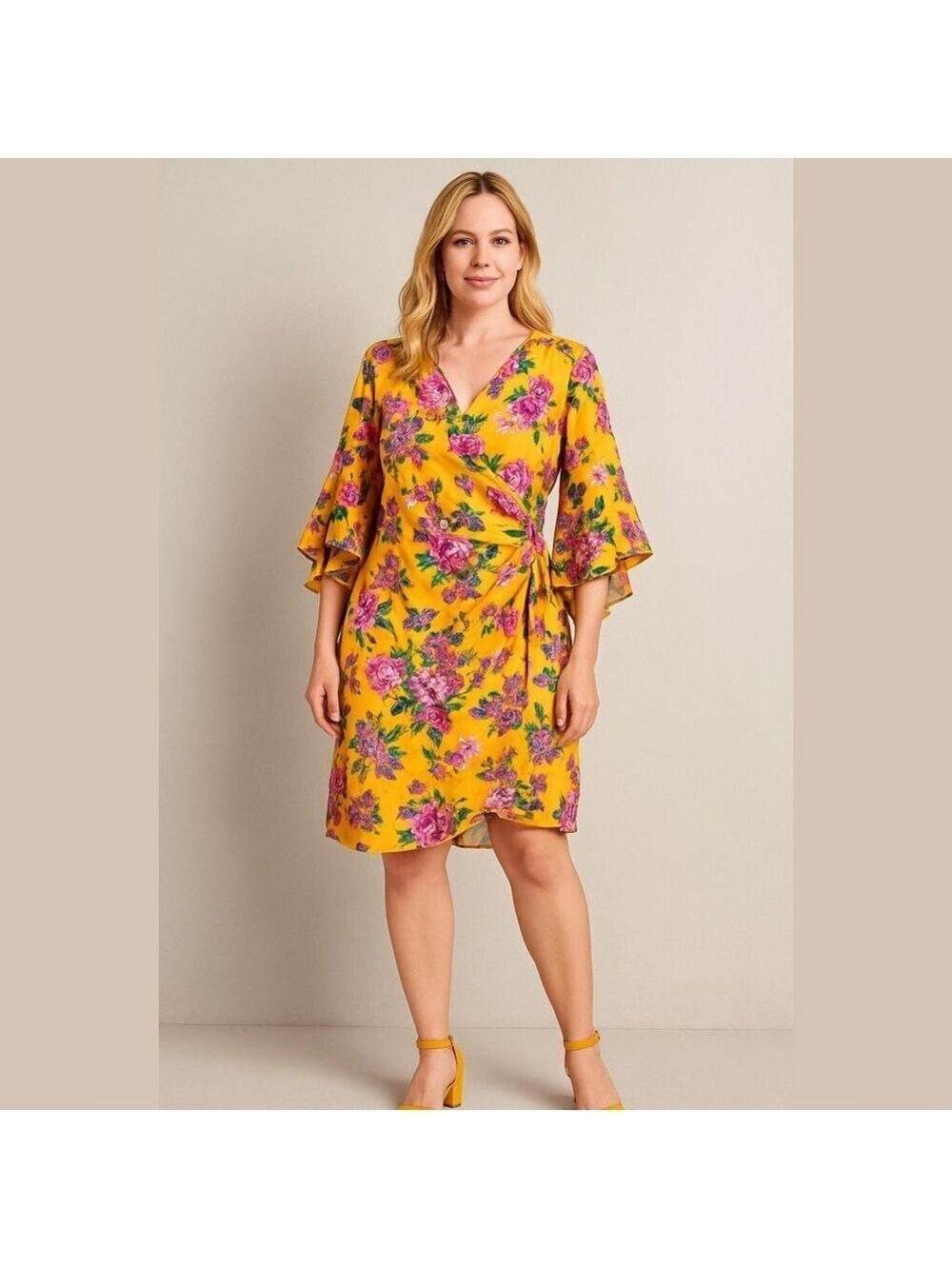 MSK Floral Yellow Dress Midi Dress Sz Large
